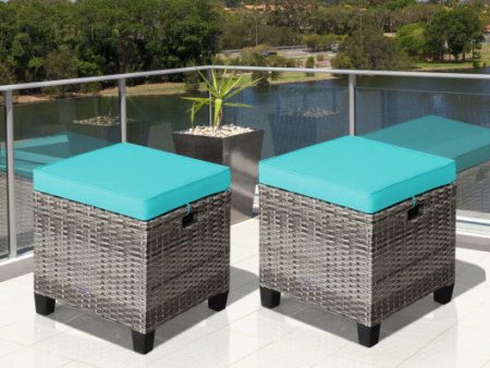 2PCS Patio Rattan Wicker Ottoman Seat with Removable Cushions-Turquoise on Sale