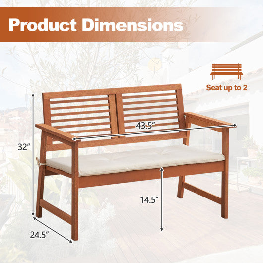 2-Person Solid Wood Patio Bench with Backrest and Cushion Online Sale