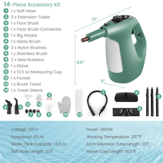 1400W Handheld Steam Cleaner with 14-Piece Accessory Kit and Child Lock-Green Online now