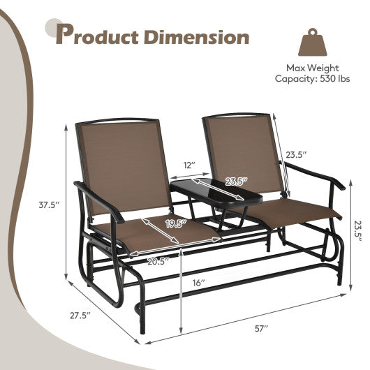 2-Person Double Rocking Loveseat with Mesh Fabric and Center Tempered Glass Table-Brown Online Hot Sale