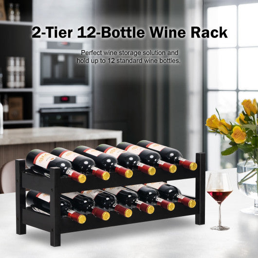 2-Tier 12 Bottles Bamboo Storage Shelf  Wine Rack-Brown Discount