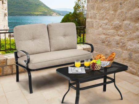 2 Pieces Patio Loveseat Bench Table Furniture Set with Cushioned Chair-Beige on Sale