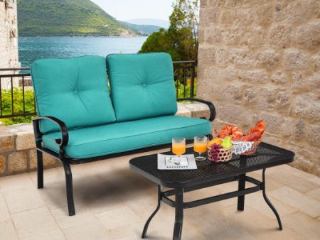 2PCS Patio Loveseat Bench Table Furniture Set with Cushioned Chair-Turquoise Fashion