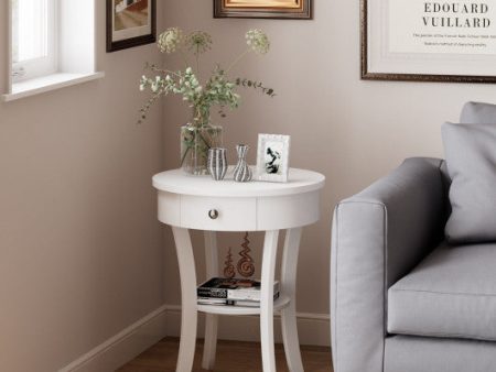 2-Tier Wood Round End Table with Open Drawer-White For Cheap