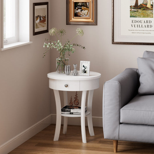 2-Tier Wood Round End Table with Open Drawer-White For Cheap