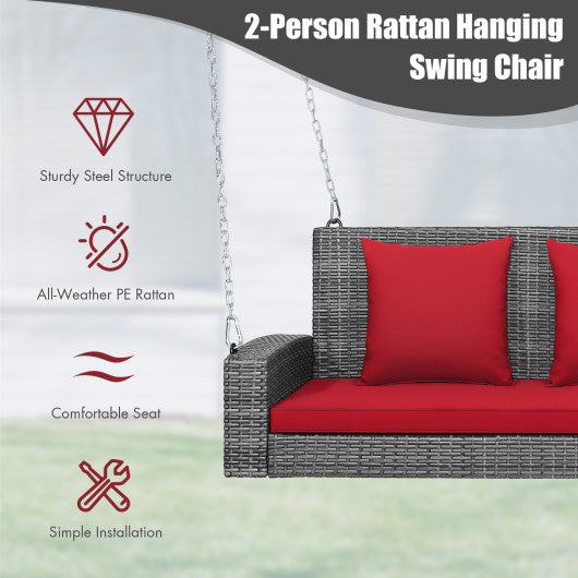 2-Person Patio PE Wicker Hanging Porch Swing Bench Chair Cushion 800 Pounds-Red Fashion