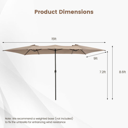 15 Feet Double-Sized Patio Umbrella with Crank Handle and Vented Tops-Brown Discount