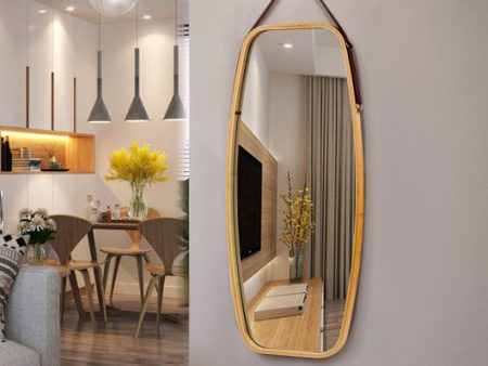 Modern Wall Mirror with Bamboo Frame and Adjustable Leather Strap For Discount