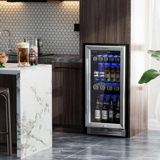 15 Inch 100 Can Built-in Freestanding Beverage Cooler Refrigerator with Adjustable Temperature and Shelf-Silver For Cheap