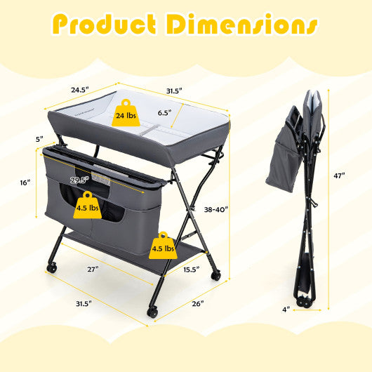 Portable Adjustable Height Newborn Nursery Organizer with wheel-Gray Hot on Sale