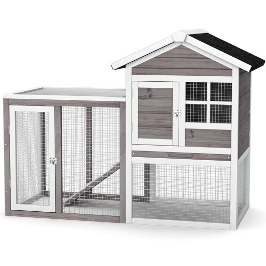 2-Story Wooden Rabbit Hutch with Running Area-Gray Cheap