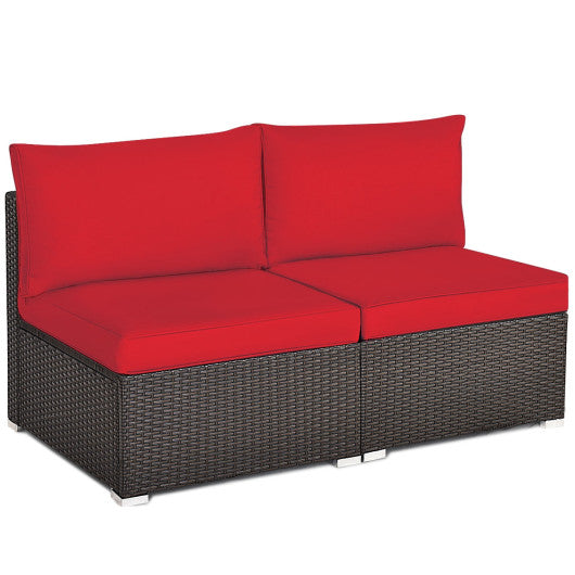 2 Pieces Patio Rattan Armless Sofa Set with 2 Cushions and 2 Pillows-Red Sale