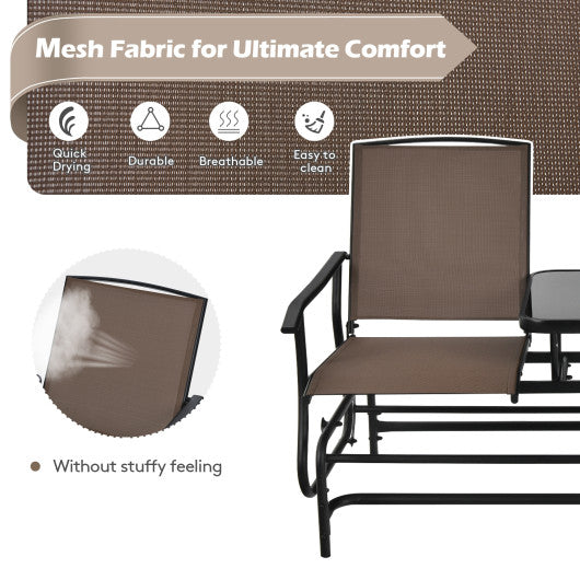 2-Person Double Rocking Loveseat with Mesh Fabric and Center Tempered Glass Table-Brown Online Hot Sale