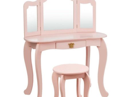 Kids Makeup Dressing Table with Tri-folding Mirror and Stool-Pink Hot on Sale