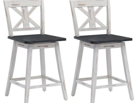 Set of 2 Swivel Counter Height Bar Stools with Solid Wood Legs-White For Sale