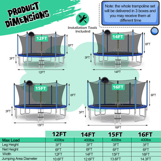 12 14 15 16 Feet Outdoor Recreational Trampoline with Ladder and Enclosure Net-16 ft Discount