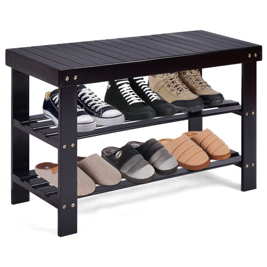 3 Tier Bamboo Bench Storage Shoe Shelf-Black Online Hot Sale