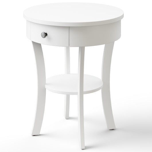 2-Tier Wood Round End Table with Open Drawer-White For Cheap