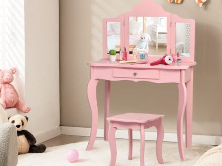 Kids Makeup Dressing Mirror Vanity Table Stool Set-Pink Cheap