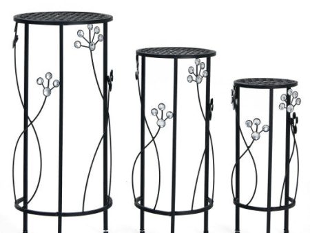 3 Pieces Metal Plant Stand Set with Crystal Floral Accents Round-Black Sale