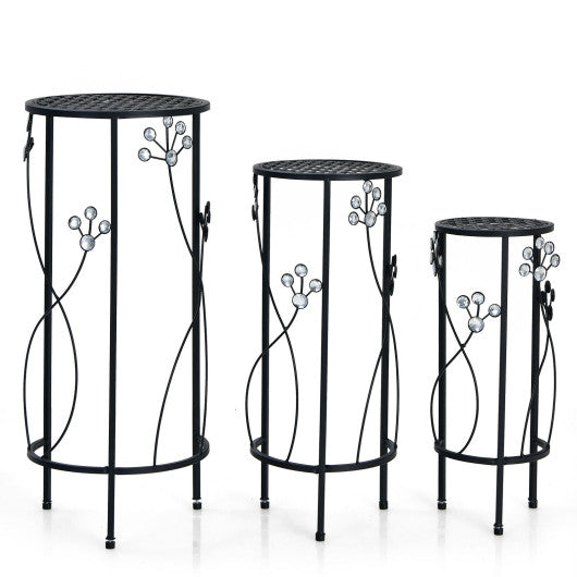 3 Pieces Metal Plant Stand Set with Crystal Floral Accents Round-Black Sale