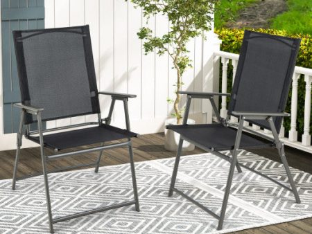 2 Pieces Patio Folding Chairs with Armrests for Deck Garden Yard-Black & Gray on Sale