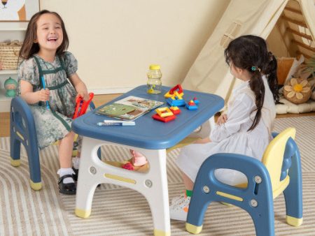 Kids Table and 2 Chairs Set with Storage Shelf and Building Blocks-Blue Hot on Sale