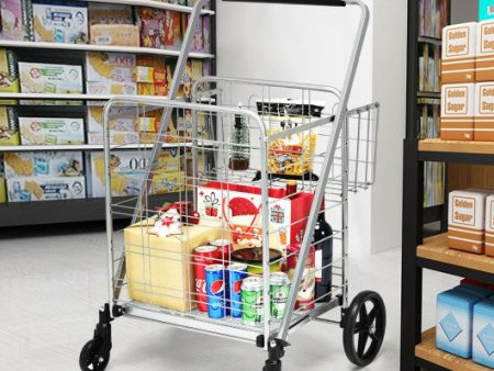 Heavy Duty Folding Utility Shopping Double Cart-Silver For Sale