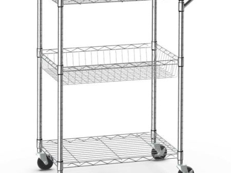 3-Tier Rolling Utility Cart with Handle Bar and Adjustable Shelves For Cheap