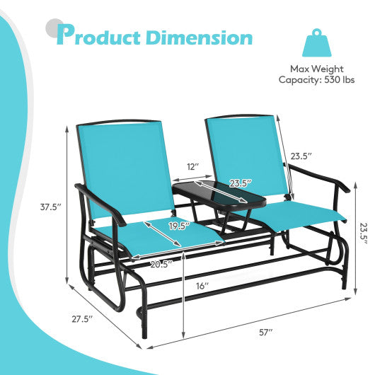 2-Person Double Rocking Loveseat with Mesh Fabric and Center Tempered Glass Table-Turquoise on Sale