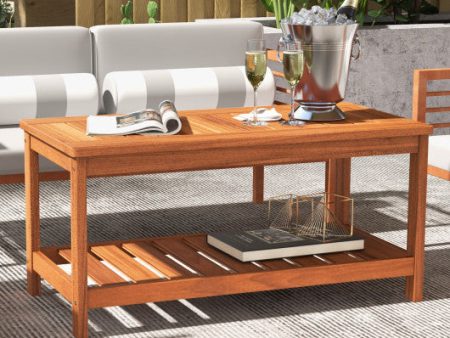 2-Tier Patio Coffee Table with Slatted Tabletop and Shelf Hot on Sale