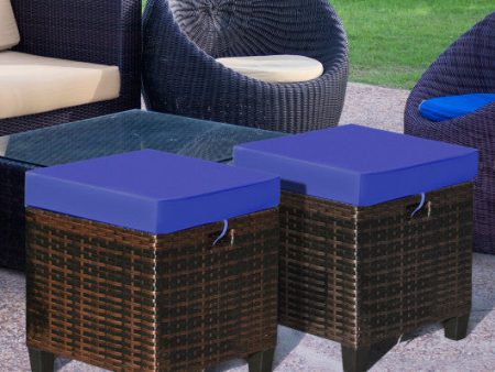 2 Pieces Patio Rattan Ottoman Set with Removable Cushions-Navy For Cheap