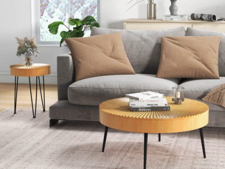 2 Set of Wooden Coffee Table with Metal Legs and Adjustable Foot Pads-Radial Pattern Online Sale