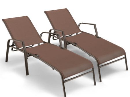 2 Pieces Patio Folding Chaise Lounge Chair Set with Adjustable Back-Brown Fashion