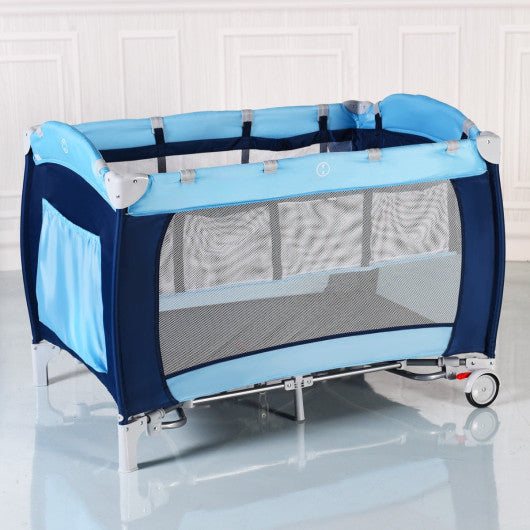 Foldable Baby Crib Playpen with Mosquito Net and Bag-Blue Cheap