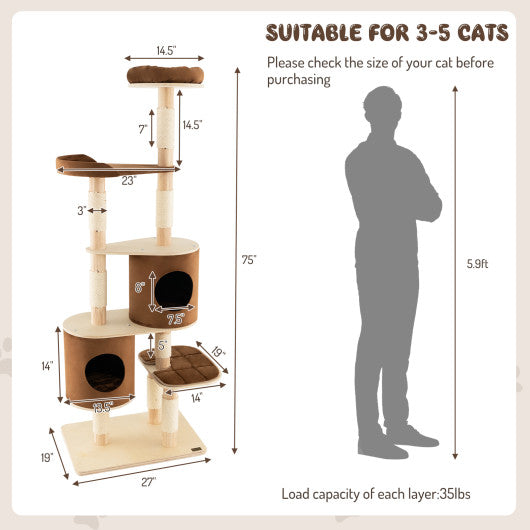 6-Tier Wooden Cat Tree with 2 Removeable Condos Platforms and Perch-Brown Cheap