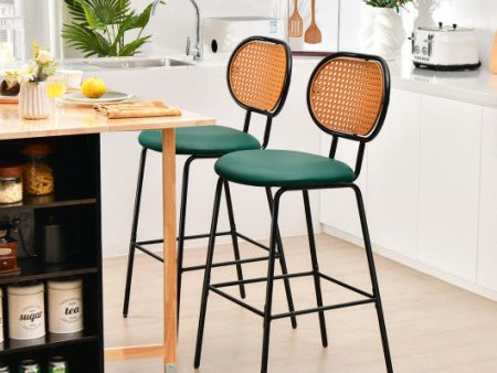 29.5 Inch Modern Faux Leather Bar Stools with Imitation Rattan Woven Backrest-Green Discount