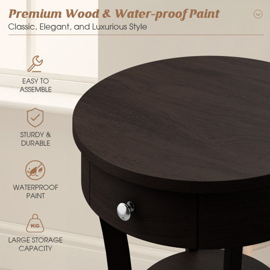 2-Tier Wood Round End Table with Open Drawer-Brown on Sale