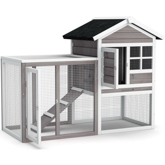 2-Story Wooden Rabbit Hutch with Running Area-Gray Cheap