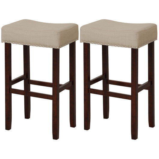 2 Set of 29 Inch Height Upholstered Bar Stool with Solid Rubber Wood Legs and Footrest-Beige For Sale