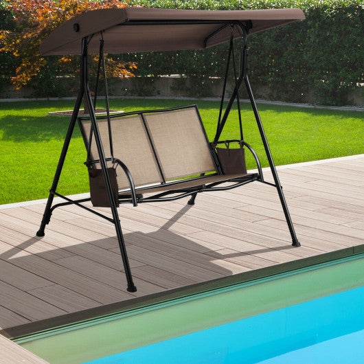 2-Person Patio Swing with Adjustable Canopy and 2 Storage Pocket-Brown Online Sale