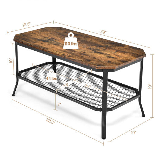 2-Tier Industrial Coffee Table with Open Mesh Storage Shelf for Living Room-Rustic Brown Discount