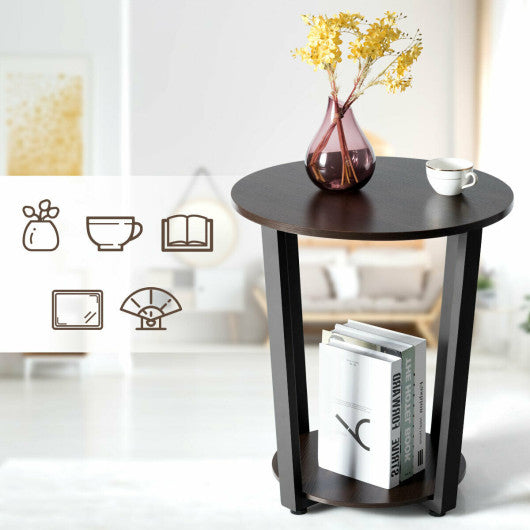 2-tier Round End Table with Storage Shelf & Metal Frame-Walnut For Sale