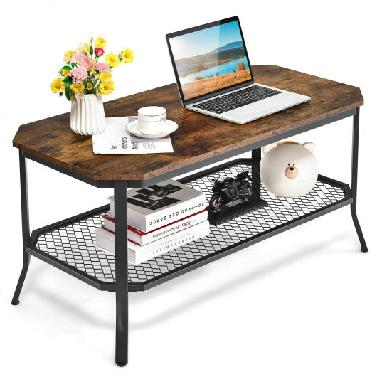 2-Tier Industrial Coffee Table with Open Mesh Storage Shelf for Living Room-Rustic Brown Discount