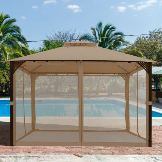 12 x 10 Feet Outdoor Double Top Patio Gazebo with Netting-Brown Hot on Sale