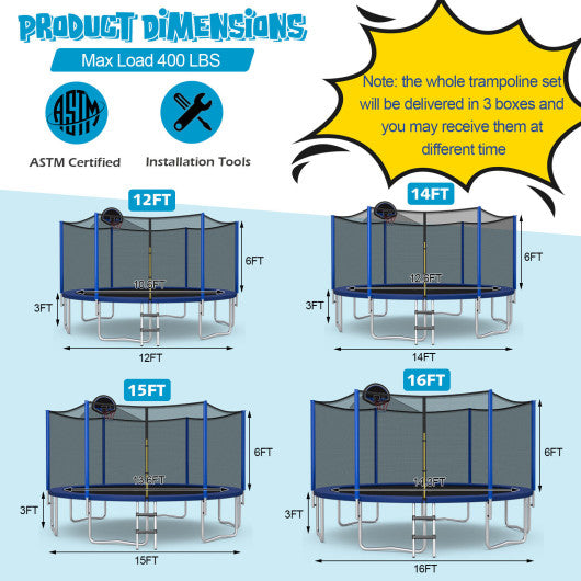 12 14 15 16 Feet Outdoor Recreational Trampoline with Enclosure Net-14 ft on Sale