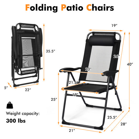 2 Pieces Patio Adjustable Folding Recliner Chairs with 7 Level Adjustable Backrest-Black For Discount