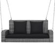 2-Person Patio PE Wicker Hanging Porch Swing Bench Chair Cushion 800 Pounds-Black on Sale