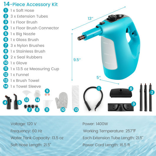 1400W Handheld Steam Cleaner with 14-Piece Accessory Kit and Child Lock-Blue For Sale