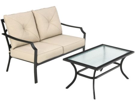 2 Pieces Patio Outdoor Cushioned  Sofa Bench with Coffee Table-Beige Online Sale